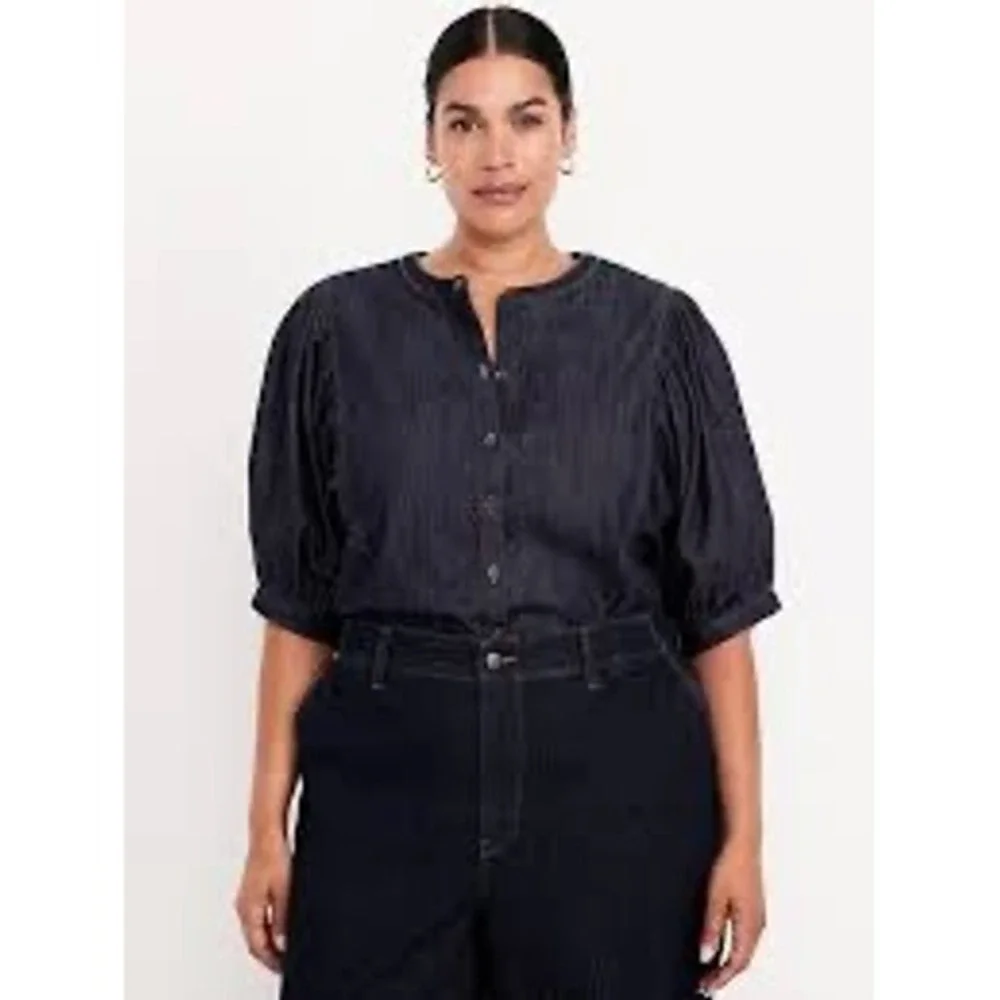 Old Navy Denim Blouse Womens XXL Tall Dark Blue Excellent Puff Sleeve Button Up